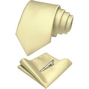 Men's Yellow Colour Formal Necktie and Pocket Square Tie Clip Sets
